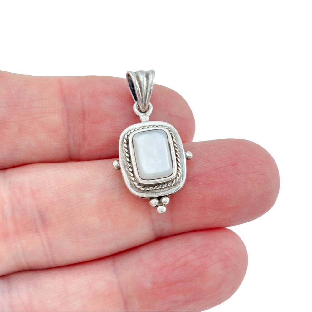 Vintage Sterling Silver 925 Bali Style Mother of Pearl Square Pendant